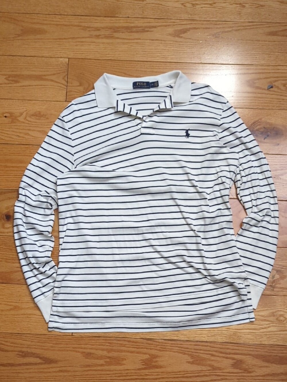 Ralph Lauren White Long-Sleeve Polo with Navy Stripes